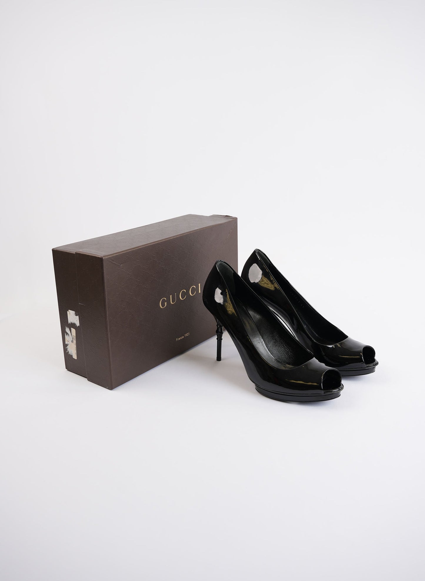 Gucci Black Patent Leather Peep Toe High Heels