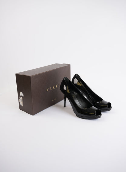Gucci Black Patent Leather Peep Toe High Heels