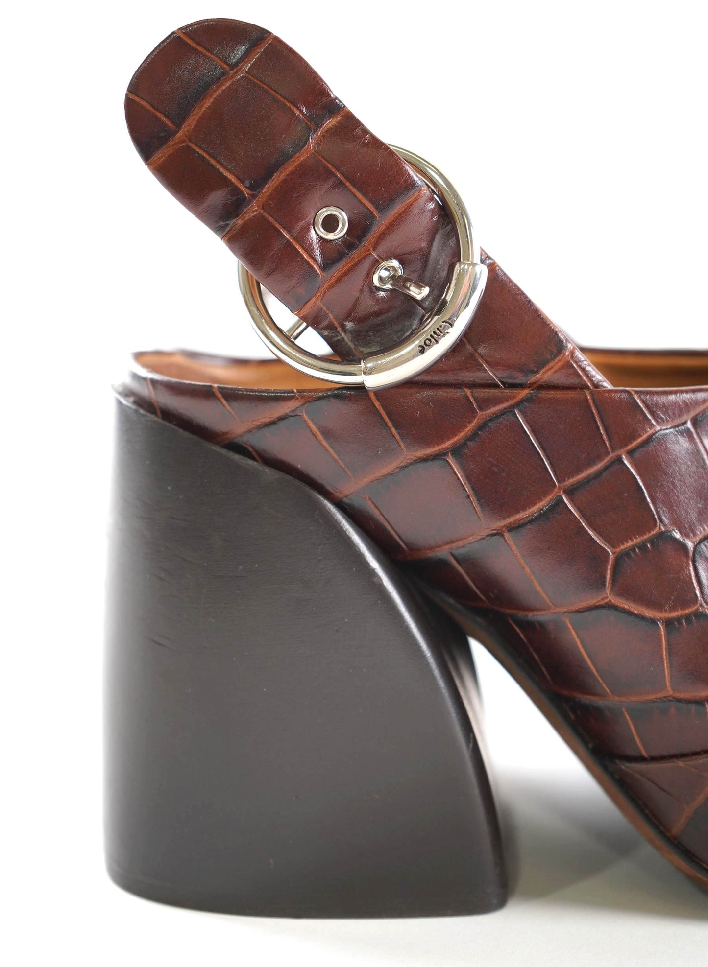 Chloe Croc-Embossed Block Heel Slingback Mules